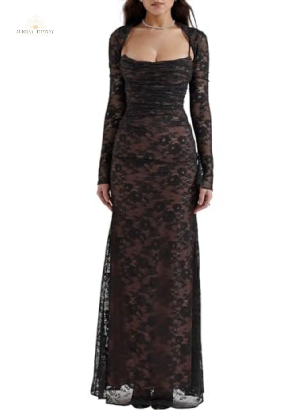 Lace Cami Maxi Dress Long Sleeve Bodycon V-Neck Sheer Evening Party